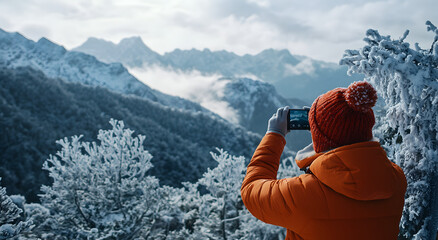 Wall Mural - A Person Capturing the Beauty of Snowy Mountains with a Camera, Highlighting the Serenity and Majestic Landscape, Perfect for Depicting Themes of Adventure, Nature Photography, and Outdoor Exploration