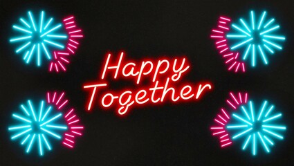 festive neon backlit style of the word happy together with neon fireworks on a black grainy background