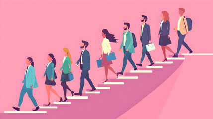 
Business Leadership Concept. Vector illustration in flat style of a group of diverse people in business outfits walking up the steps following a leader looking ahead,pastel color Isolated on backgrou