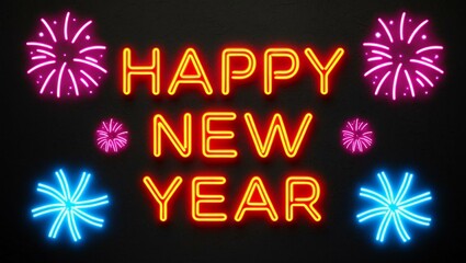 Sticker - festive neon backlit style of the word happy new year with neon fireworks on a black grainy background