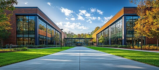 Exterior of a modern red brick high school building with large windows and a green grass lawn in front. In the background is a blue sky with white clouds. 