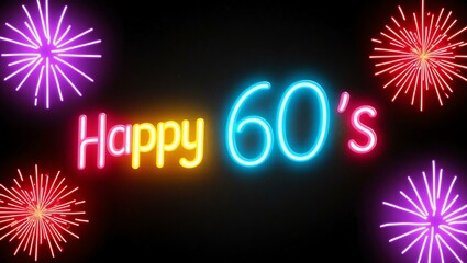 Wall Mural - festive neon backlit style of the word happy 60s with neon fireworks on a black grainy background