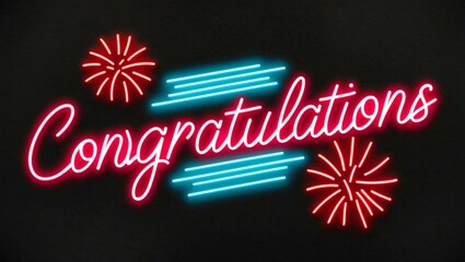 Wall Mural - festive neon backlit style of the word congratulations with neon fireworks on a black grainy background