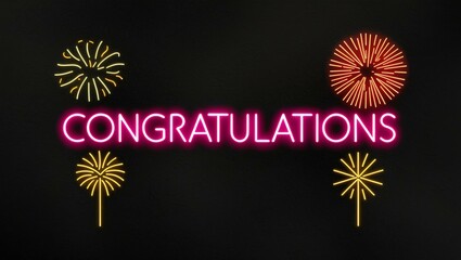 Wall Mural - festive neon backlit style of the word congratulations with neon fireworks on a black grainy background
