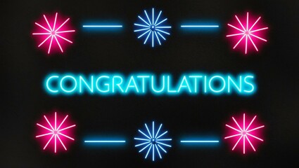 Wall Mural - festive neon backlit style of the word congratulations with neon fireworks on a black grainy background
