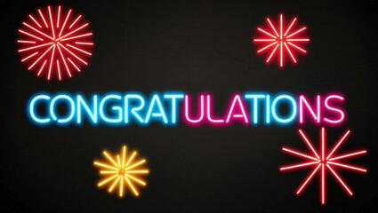 Wall Mural - festive neon backlit style of the word congratulations with neon fireworks on a black grainy backgro