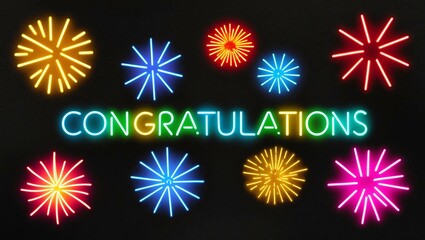 Wall Mural - festive neon backlit style of the word congratulations with neon fireworks on a black grainy backgro