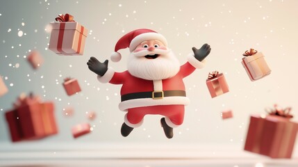 A cheerful Santa Claus surrounded by floating gift boxes in a festive atmosphere.