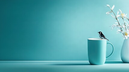   A blue vase holds a bird, while a blue mug features a white flower