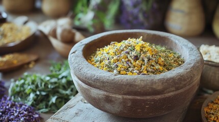 Canvas Print - Dried Herbs and Flowers in a Stone Mortar