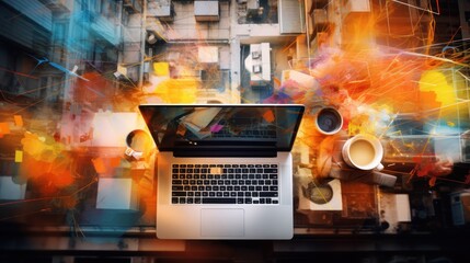 Poster - double exposure of technology theme drawing over work table desktop.