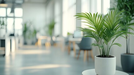 A minimalist office space with clean, white walls and simple furniture. Potted plants are scattered around, adding a touch of green to the scene