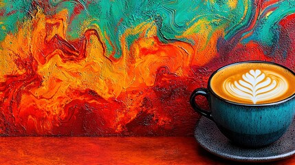  A coffee mug perched atop a plate beside a painting of a leaf