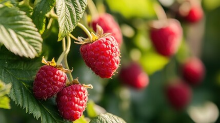 Wall Mural - Ripe Red Raspberries on a Bush