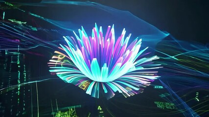 Poster - Vibrant light flower blooming with colorful waves in a dark space, showcasing mesmerizing visual effects