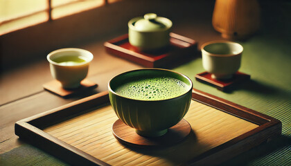 A traditional Japanese tea ceremony setting featuring a bowl of frothy matcha green tea