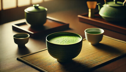 A traditional Japanese tea ceremony setting featuring a bowl of frothy matcha green tea