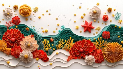 Wall Mural - Papercraft Underwater Scene with Flowers and Sea Stars