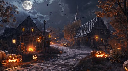 At midnight, during the full moon time, an old town looks deserted and quiet, spooky and scary. An old town with a Halloween theme