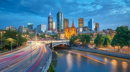 Poster - Spectacular Nighttime Cityscape with Illuminated Skyline and Reflective River