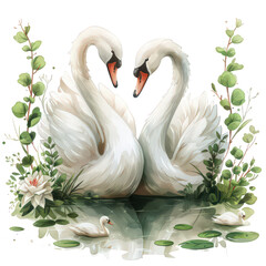 Two white swans with their necks intertwined, lovingly gazing at each other in a peaceful pond surrounded by lush green foliage and lily pads