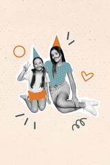 Sticker - Vertical composite artwork collage image picture of two girls cone hat v-sign isolated on creative background