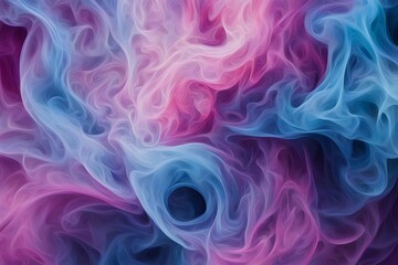 Wall Mural - Brightly colored smoke in shades of blue pink and purple swirling together in an abstract pattern, AI Generated