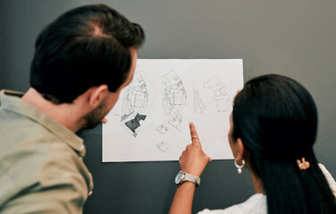 Poster - Man, woman and reading blueprint at architecture agency for decision, point or review by wall at startup. People, partnership and engineering for feedback, design and floor plan on document in office