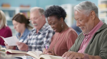 A group of adults practicing reading comprehension in a classroom, using workbooks and flashcards