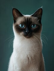 Wall Mural - A close-up portrait of a Siamese cat with striking blue eyes against a muted background.