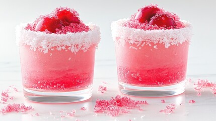 Wall Mural -   Two glasses of food with strawberries on top and sprinkles on bottom in a close-up