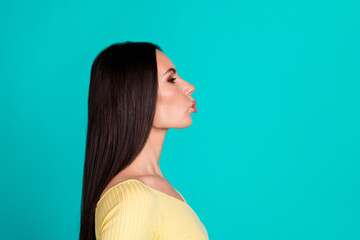 Canvas Print - Profile portrait of pretty young woman kiss empty space wear top isolated on turquoise color background