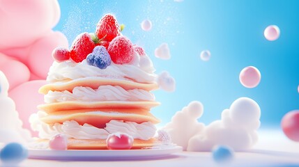 Wall Mural - A whimsical stack of pancakes topped with cream and berries, set against a colorful background.