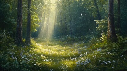 Wall Mural - A peaceful forest scene with sunlight breaking through the trees, illuminating a carpet of ferns and wildflowers on the forest floor.