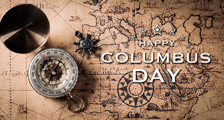 Happy Columbus Day concept. Vintage compass and retro treasure manuscript.  Flat lay, top view with copy space.