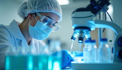 Wall Mural - Focused scientist in lab analyzing samples under microscope