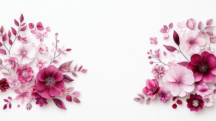   A close-up of two paper flowers against a white background, with the pink flower to the left and the red one on the right