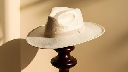 A stylish hat displayed on a wooden stand, positioned in front of a bright window, showcasing its design and texture. GENERATIVE AI