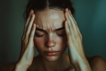 Aufkleber - A woman conveys deep stress and anxiety with her eyes closed and hands resting on her head in a softly lit, quiet setting. Generative AI