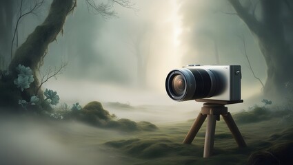 A camera mounted on a tripod, surrounded by lush greenery in a serene forest setting. GENERATIVE AI