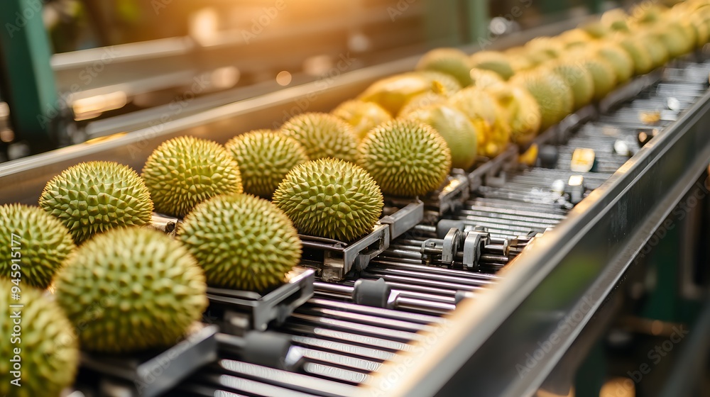 Durian Rind Processing Durian fruits on conveyor belt, food processing line, stainless steel ...