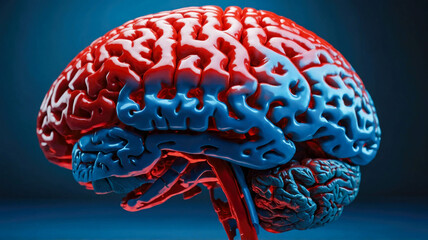 Poster - A detailed 3D illustration of a brain, highlighted in blue and red