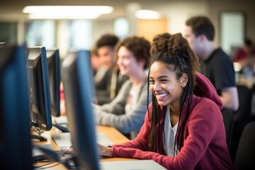 Wall Mural - Students learning computer togetherness cooperation.