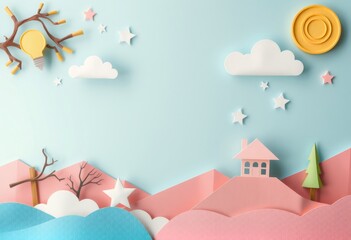 Paper craft landscape with a house, clouds, stars and a light bulb on a blue background.