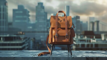 Brown leather backpack on the table