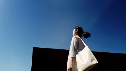 Sticker - Asian woman holding a big tote bag walking fashion adult.