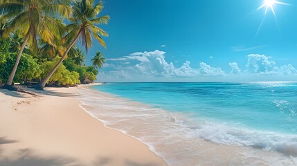 Wall Mural - Tropical paradise panorama, pristine white sand beach, crystal clear turquoise water, lush green palm trees, vibrant blue sky, bright sunlight, calm ocean waves, remote island coastline.