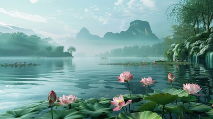 Wall Mural - Illustration of a dreamy and beautiful Chinese-style lotus