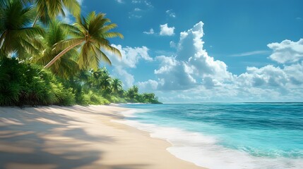 Wall Mural - Tropical paradise panorama, pristine white sand beach, crystal clear turquoise water, lush green palm trees, vibrant blue sky, bright sunlight, calm ocean waves, remote island coastline.