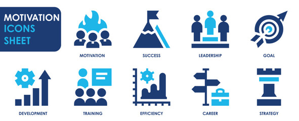 Poster - a set of solid icons related to motivation. success, leadership, goal, development, training, effici